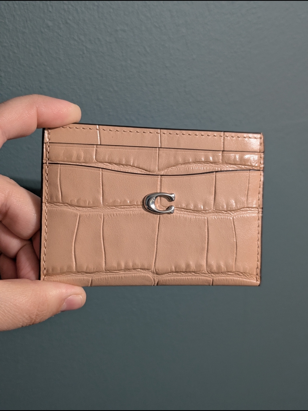 Coach Pebble Leather Croc-Embossed Card Case in Tan